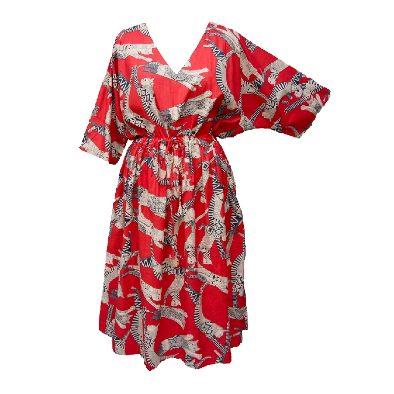 Red Egyptian Cats Cotton Maxi Dress UK Size 18-32 M163 Elegant Maxi Dress with Drapes