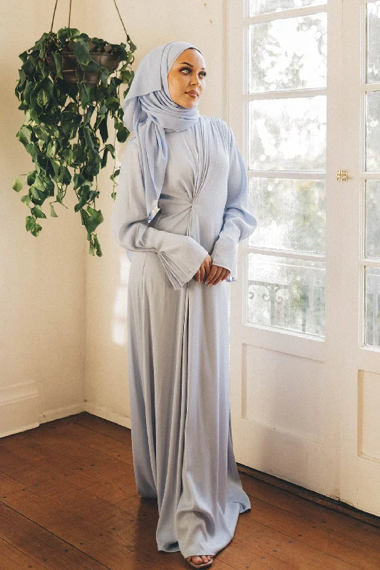 Remas Pleat Maxi Dress- Sky Blue Cozy Open-Back Maxi Dress