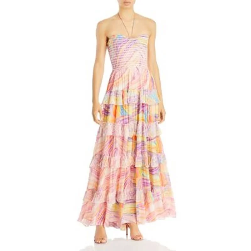 Rococo Sand Ladies Peach & Lilac Rainbow Swirl Ruffle Maxi Dress Classic V-Neck Maxi Dress