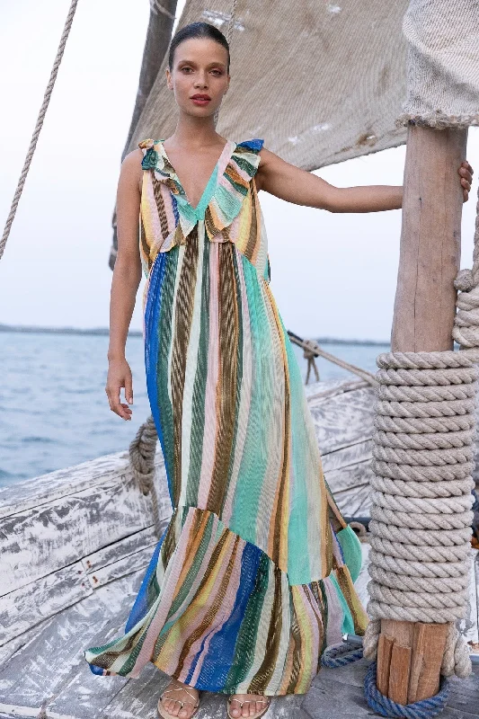 Ruffle V-neck Maxi Dress Trendy Fit-and-Flare Maxi Dress