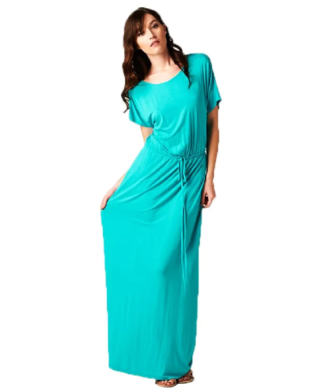 Short Sleeve Dolman Boyfriend Maxi Dress with Elastic Waist Drawstring Aqua Cozy Maxi Dress with Slit