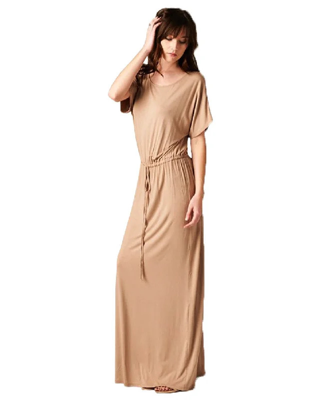 Short Sleeve Dolman Boyfriend Maxi Dress with Elastic Waist Drawstring Mocha Trendy Button Front Maxi Dress