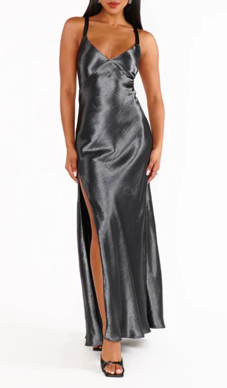 Show Me Your Mumu Anderson Maxi Dress - Gunmetal Hammered Satin Cozy Ruffle Sleeve Maxi Dress