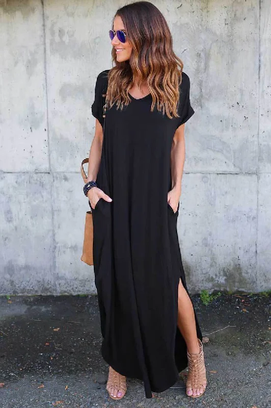 Side Slit Maxi Dress with Pockets Stylish Longline Maxi Dress