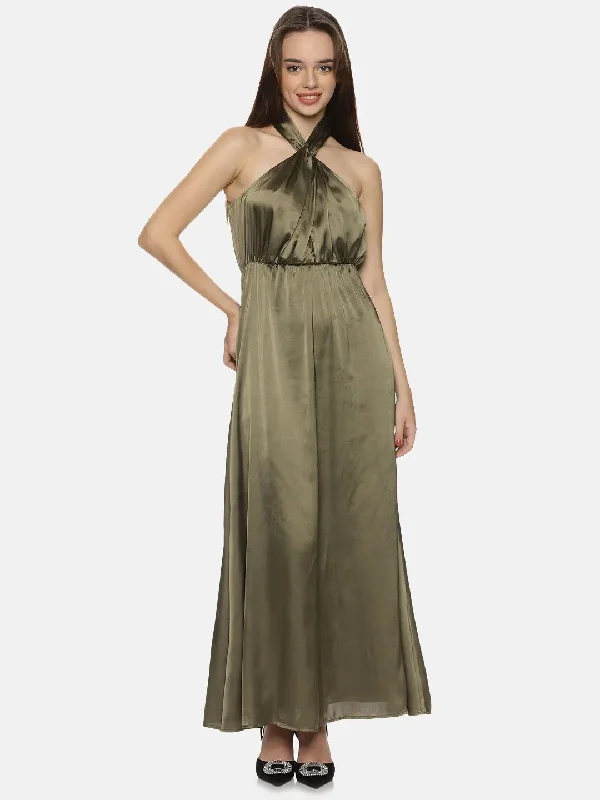 Solid Olive Halter Maxi Dress-17299 Fashionable Layered Maxi Dress