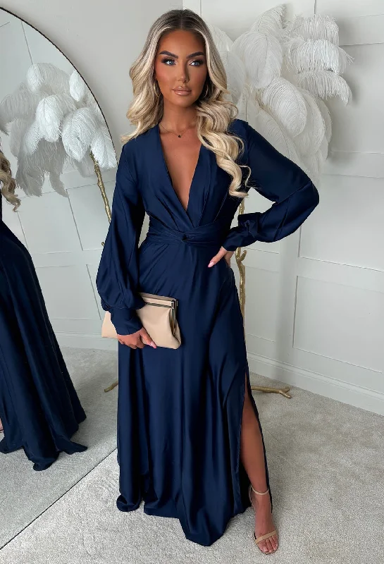 Sophisticated Illusion Navy Plunge Front Split Maxi Dress Fashionable High-Low Maxi Dress