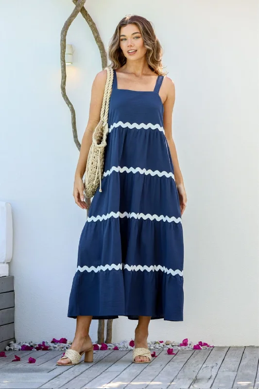 Stacey Maxi Dress | Indigo/White Elegant Maxi Dress with Slit