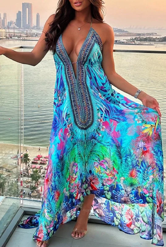 Tropical Romance Blue Mixed Print Embellished Adjustable Plunge Cami Maxi Dress Classic Tulle Maxi Dress