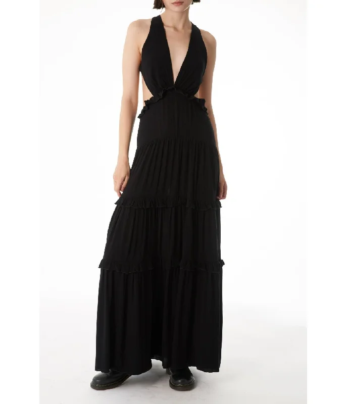 Tullamore Halter Neck Ruffled Trim Layered Skirt with Elastic Strap Maxi Dress Black Classic Strapless Maxi Dress