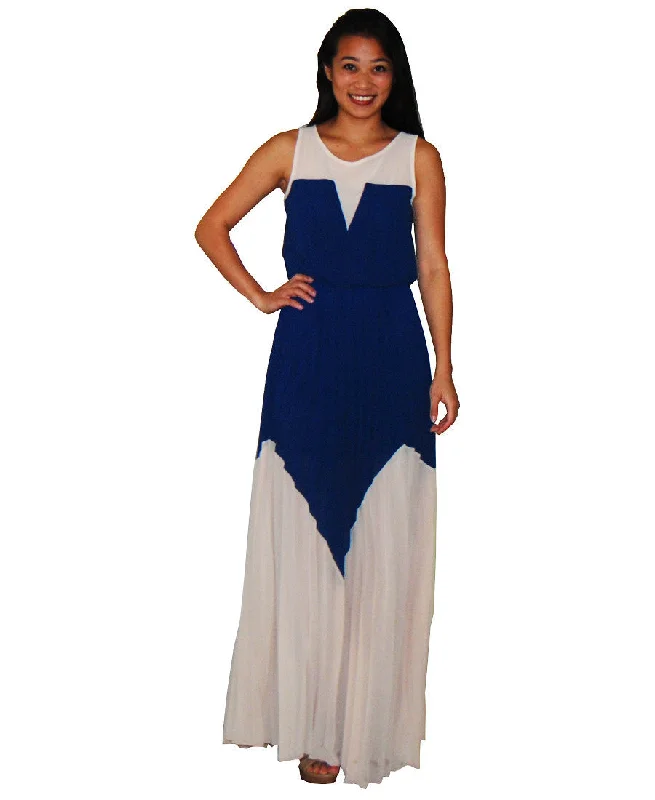 Two Tone Chevron Sleeveless Ruffle Maxi Dress Mocha Blue Trendy Off-Shoulder Ruffle Maxi Dress