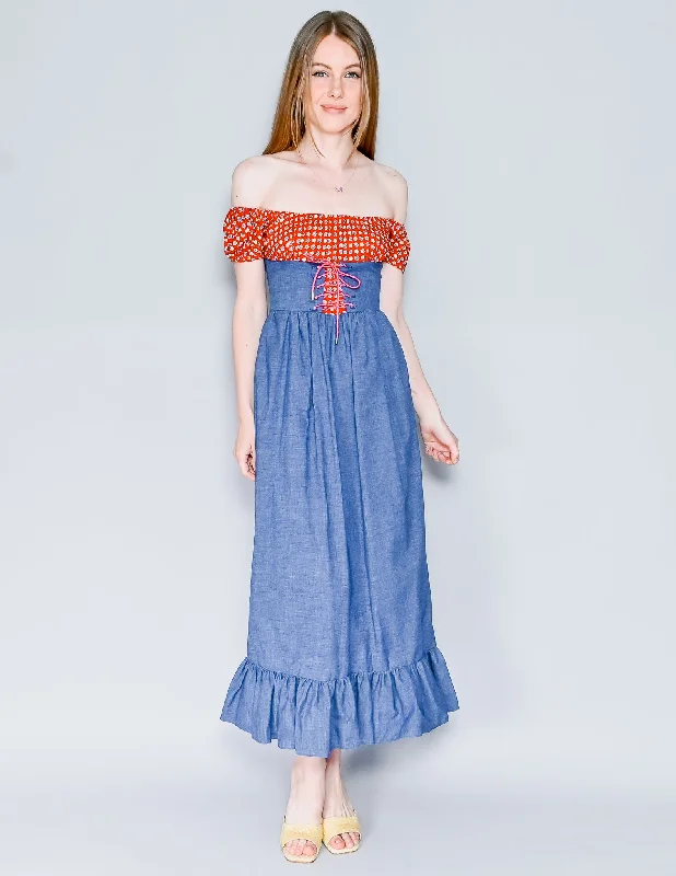 VINTAGE 70s Off-Shoulder Floral & Denim Lace-Up Waist Maxi Dress (XS) Comfortable Bohemian Maxi Dress