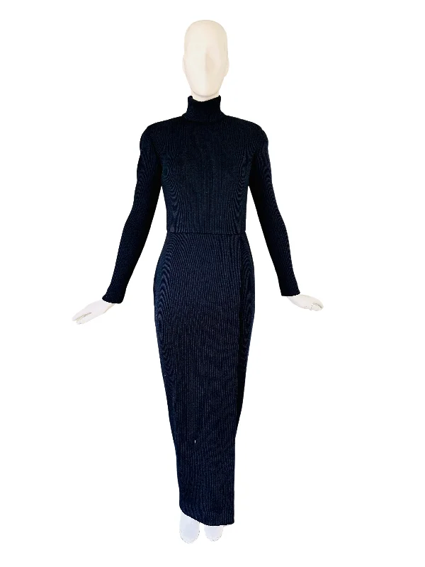 Vintage Badgley Mischka Navy Ribbed Knit Mock Neck Maxi Dress Chic Summer Maxi Dress