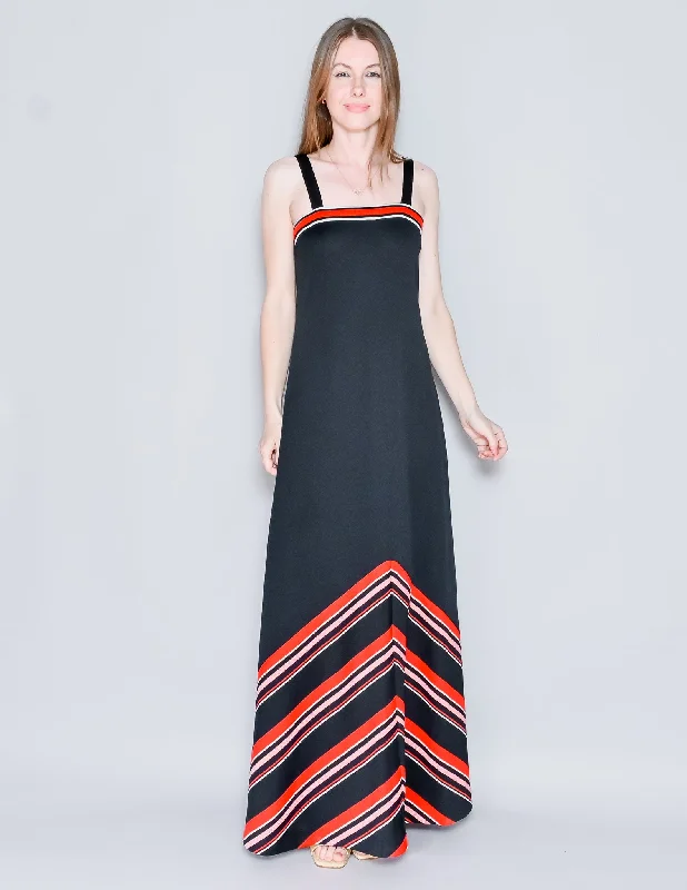 VINTAGE Black Striped Knit Sleeveless Maxi Dress (S) Trendy Maxi Dress with Belt