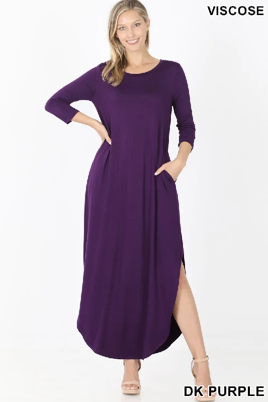 VISCOSE MAXI DRESS SIDE SLITS-POCKET Fashionable Off-Shoulder Maxi Dress