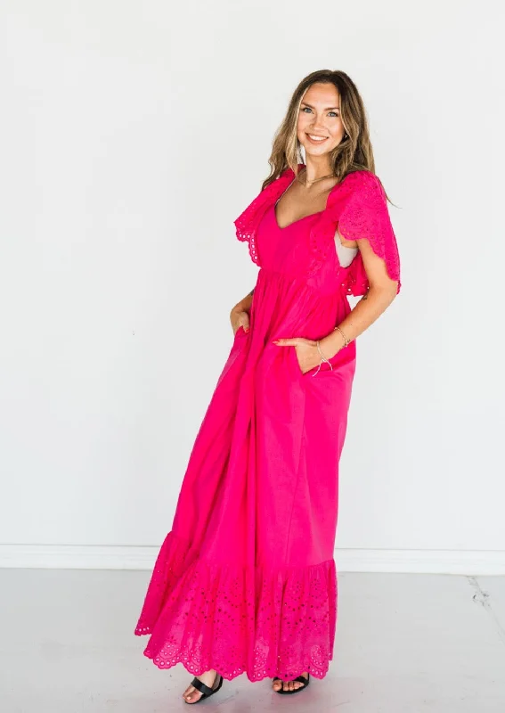 Wild at Heart Eyelet Maxi Dress - Fuchsia Trendy Maxi Dress with Straps