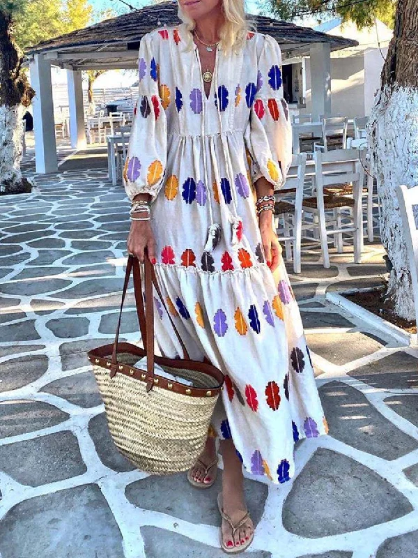 Women Bohemian V-Neck Long Sleeve Loose Printed Maxi Dress Stylish One-Shoulder Maxi Dress