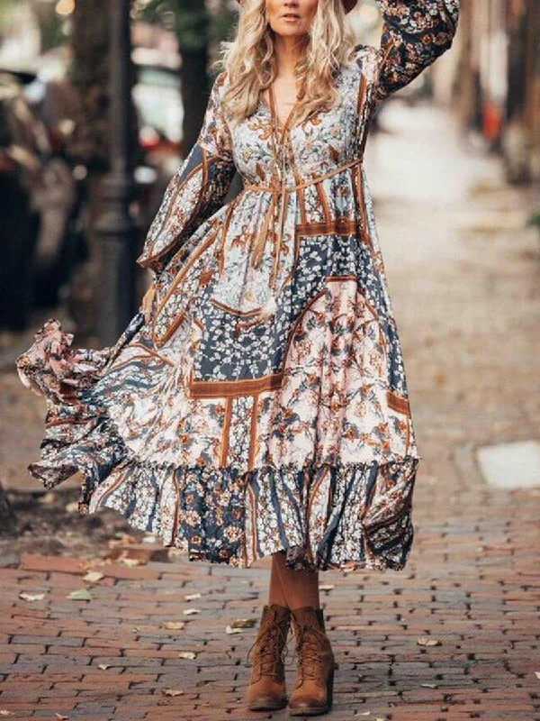 Women Bohemian V-Neck Puff Sleeve Printed Maxi Dress Stylish Pleated A-Line Maxi Dress