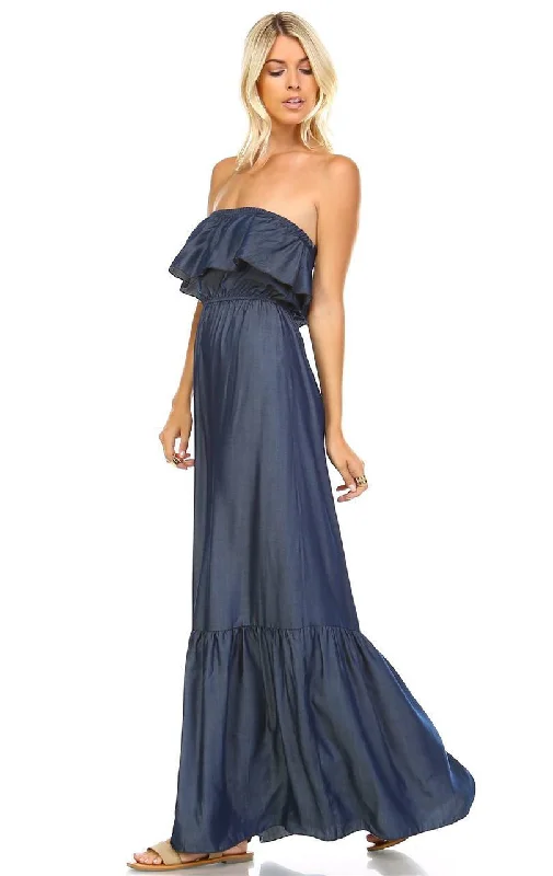 Chambray Ruffled Overlay Tube Maxi Dress Dark Blue Indigo Casual Maxi Dress with Pockets Chambray Ruffled Overlay Tube Maxi Dress Dark Blue Indigo Casual Maxi Dress with Pockets
