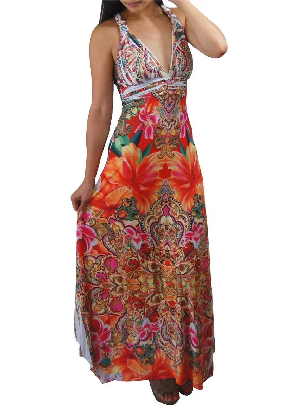 Premium Sleeveless Sublimation Maxi Dress Royal Flowers Orange Elegant Lace-Up Maxi Dress