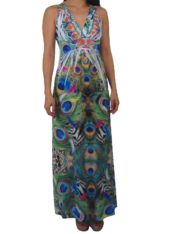 Premium Sleeveless Sublimation Maxi Dress Royal Peackcock Green Fashionable Halter Neck Maxi Dress