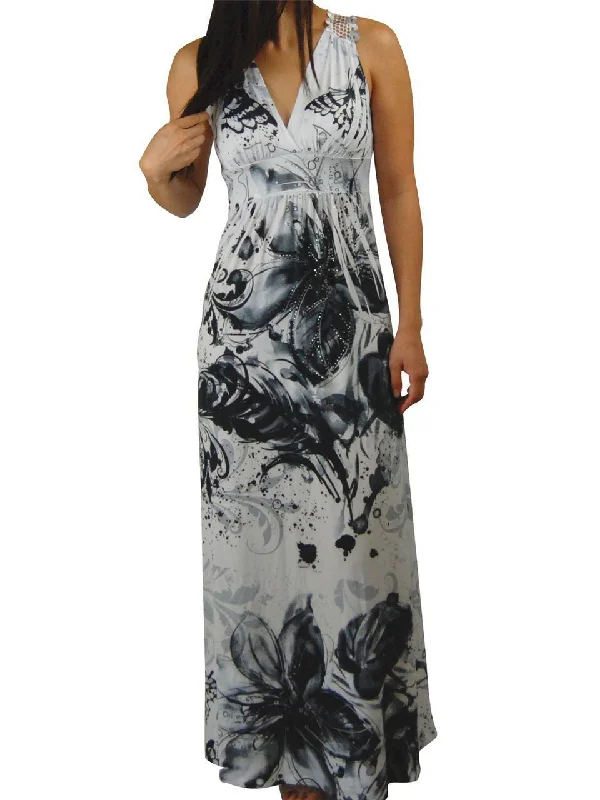 Premium Sleeveless Sublimation Maxi Dress White Black Floral Blossoms Stylish Boho Maxi Dress