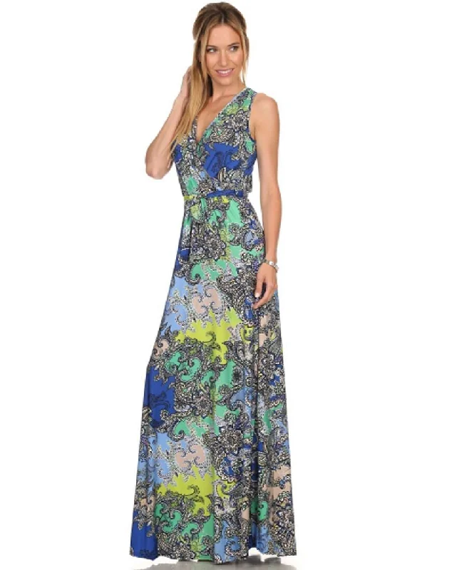 Sleeveless Paris Maxi Dress Paisley Ocean Blue Elegant Tiered Maxi Dress