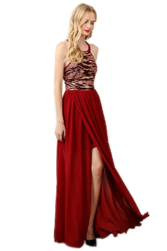 Sleeveless Sequin Maxi Dress High Slit Open Back Burgundy Stylish A-Line Maxi Dress