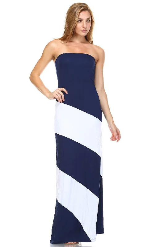 Strapless Navy White Double-Lined Striped Maxi Dress Elegant Maxi Dress with Ruffles