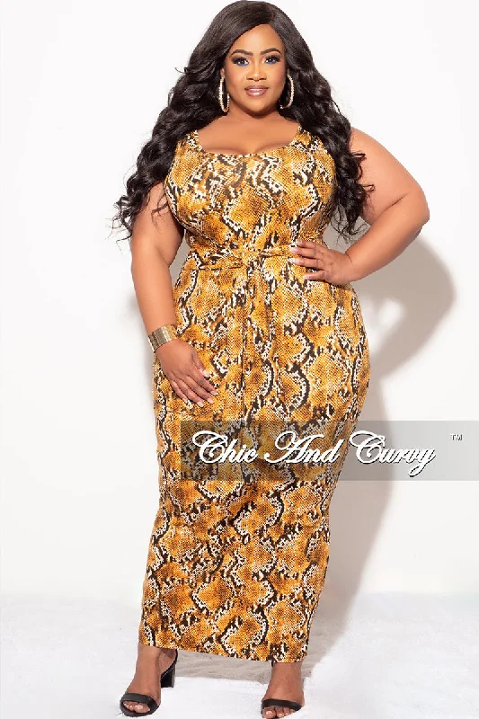 Final Sale Plus Size Sleeveless Maxi Dress with Waist Tie in Mustard and Black Snake Print Fashionable Button-Down Maxi Dress Final Sale Plus Size Sleeveless Maxi Dress with Waist Tie in Mustard and Black Snake Print Fashionable Button-Down Maxi Dress