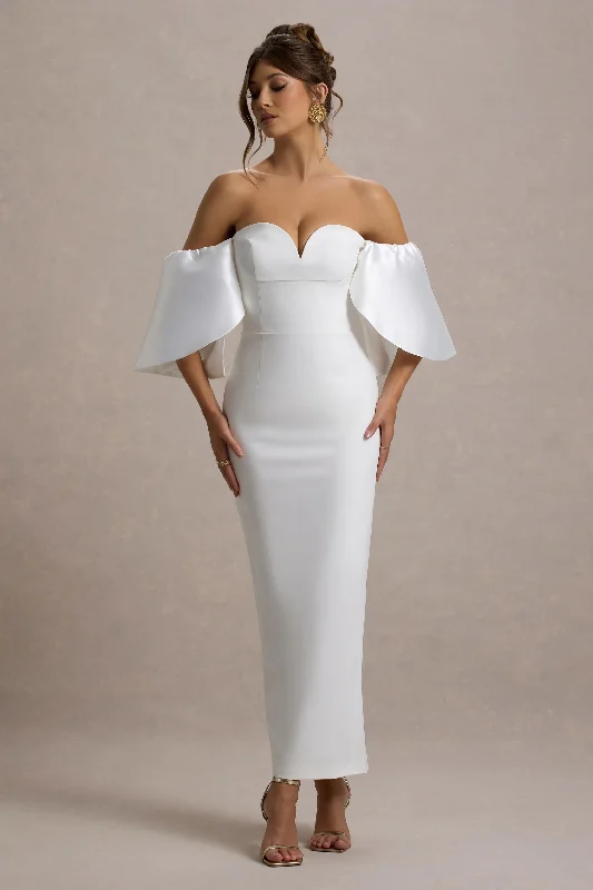 Dalani | White Corset Maxi Dress With Satin Puff Sleeves Elegant Maxi Dress with Slit Dalani | White Corset Maxi Dress With Satin Puff Sleeves Elegant Maxi Dress with Slit