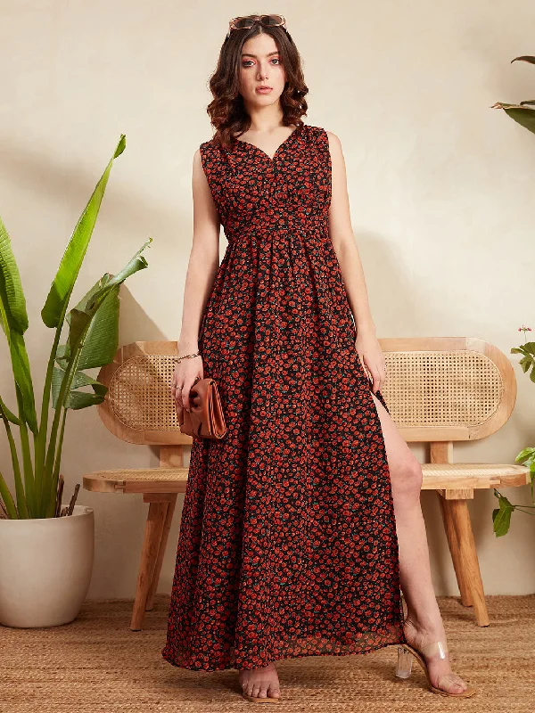 Berrylush Women Black & Red Floral Printed V-Neck Sleeveless Zipper-Up Thigh-High Slit Straight Hem Pleated Maxi Dress Elegant Maxi Dress with Belt Berrylush Women Black & Red Floral Printed V-Neck Sleeveless Zipper-Up Thigh-High Slit Straight Hem Pleated Maxi Dress Elegant Maxi Dress with Belt