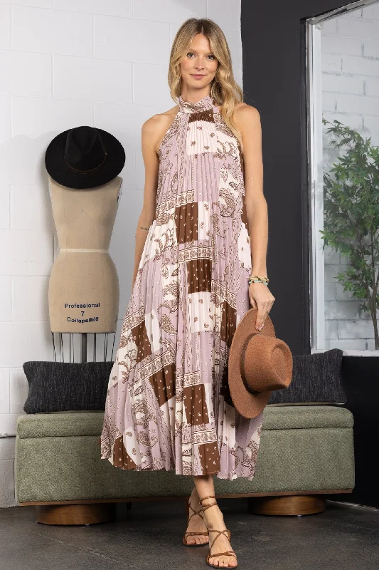 MOCHA PAISLEY PRINT HALTER NECK PLEATED MAXI DRESS-DY51129FA Elegant Tiered Maxi Dress MOCHA PAISLEY PRINT HALTER NECK PLEATED MAXI DRESS-DY51129FA Elegant Tiered Maxi Dress