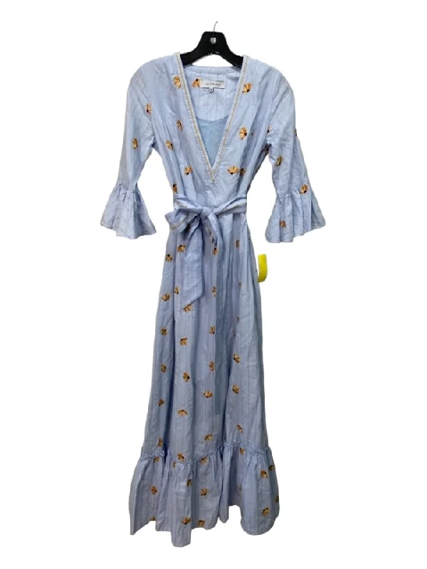 Lug Von Siga Size 36 Blue & Yellow Cotton Floral Embroidered V Neck Maxi Dress Chic Sleeveless Maxi Dress Lug Von Siga Size 36 Blue & Yellow Cotton Floral Embroidered V Neck Maxi Dress Chic Sleeveless Maxi Dress