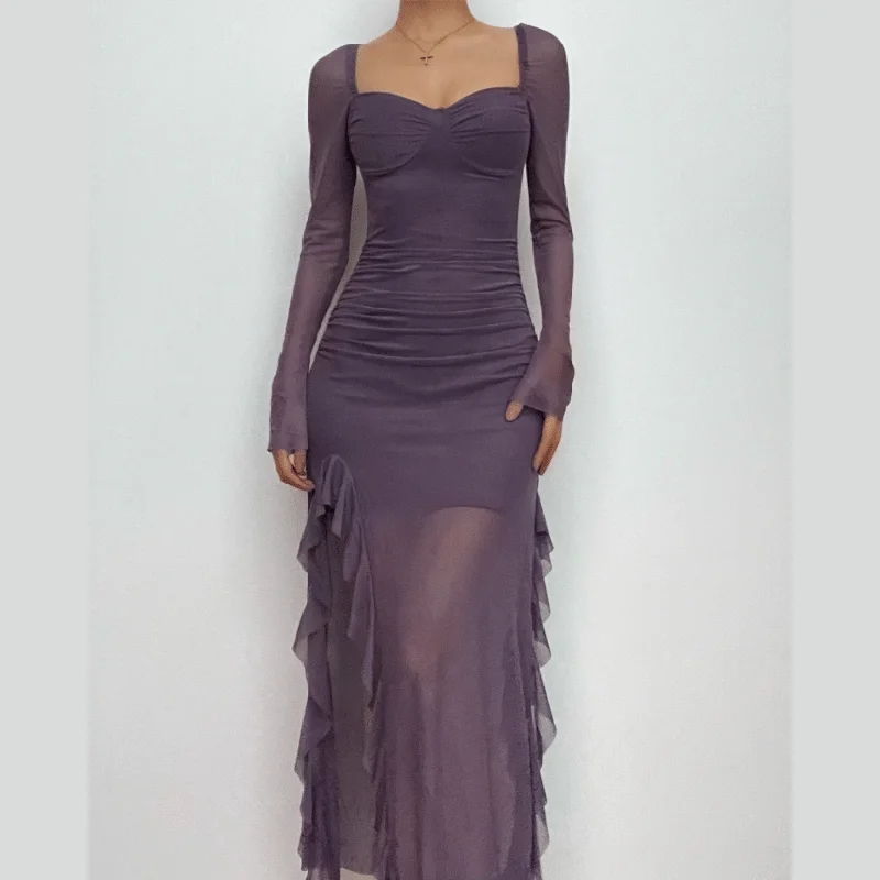 Mesh ruffle solid long sleeve ruched self tie slit maxi dress Classic Black Maxi Dress Mesh ruffle solid long sleeve ruched self tie slit maxi dress Classic Black Maxi Dress
