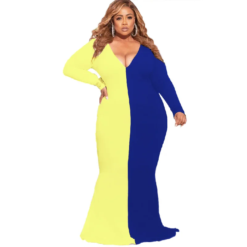 Plus Size Plus Size Color Contrast Patchwork V-neck Slim-Fit Long Sleeve Women Maxi Dress Fashionable Open-Back Maxi Dress Plus Size Plus Size Color Contrast Patchwork V-neck Slim-Fit Long Sleeve Women Maxi Dress Fashionable Open-Back Maxi Dress