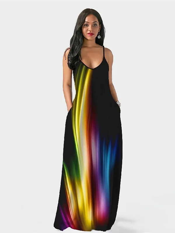 Rainbow Print Spaghetti Casual Sleeveless Loose Maxi Dress Fashionable Off-Shoulder Maxi Dress Rainbow Print Spaghetti Casual Sleeveless Loose Maxi Dress Fashionable Off-Shoulder Maxi Dress