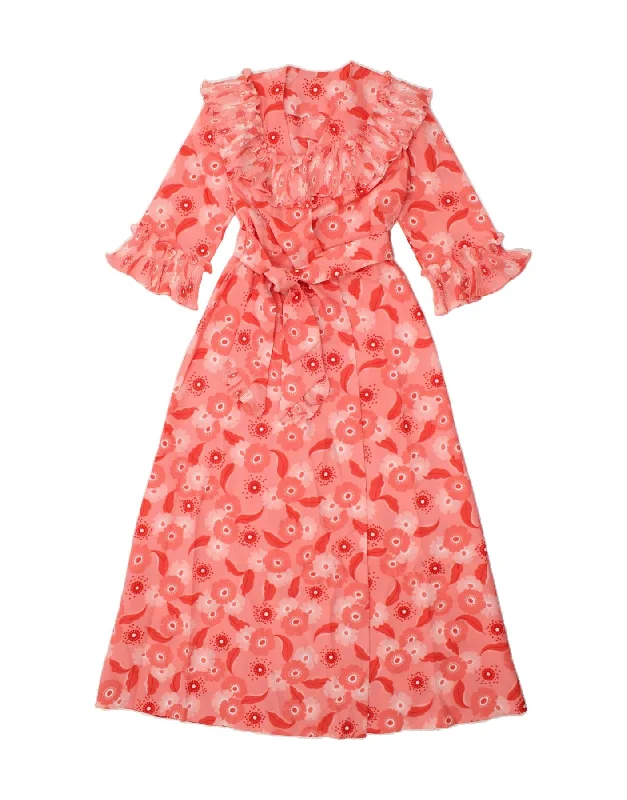 VINTAGE Womens Ruffle 3/4 Sleeve Maxi Dress UK 12 Medium Pink Floral Cozy Longline Maxi Dress VINTAGE Womens Ruffle 3/4 Sleeve Maxi Dress UK 12 Medium Pink Floral Cozy Longline Maxi Dress