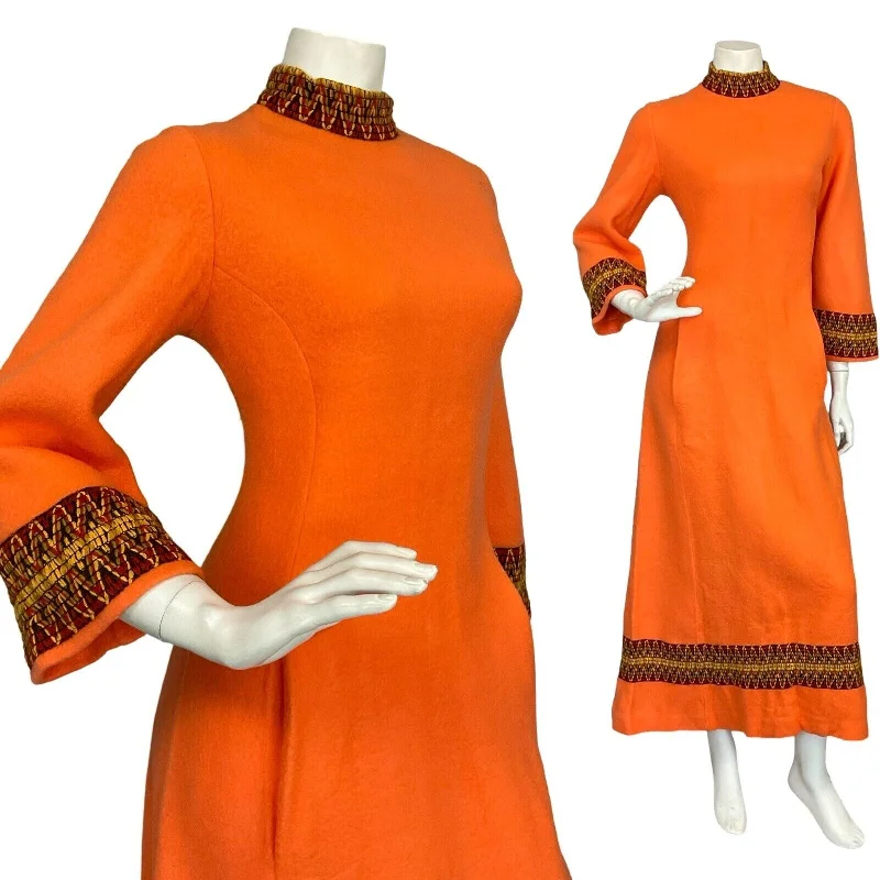 VTG 70S ORANGE BROWN ZIG ZAG HIPPY BOHO SOFT FELT BELL SLEEVE MAXI DRESS 10 Comfortable Plunging Neckline Maxi Dress VTG 70S ORANGE BROWN ZIG ZAG HIPPY BOHO SOFT FELT BELL SLEEVE MAXI DRESS 10 Comfortable Plunging Neckline Maxi Dress