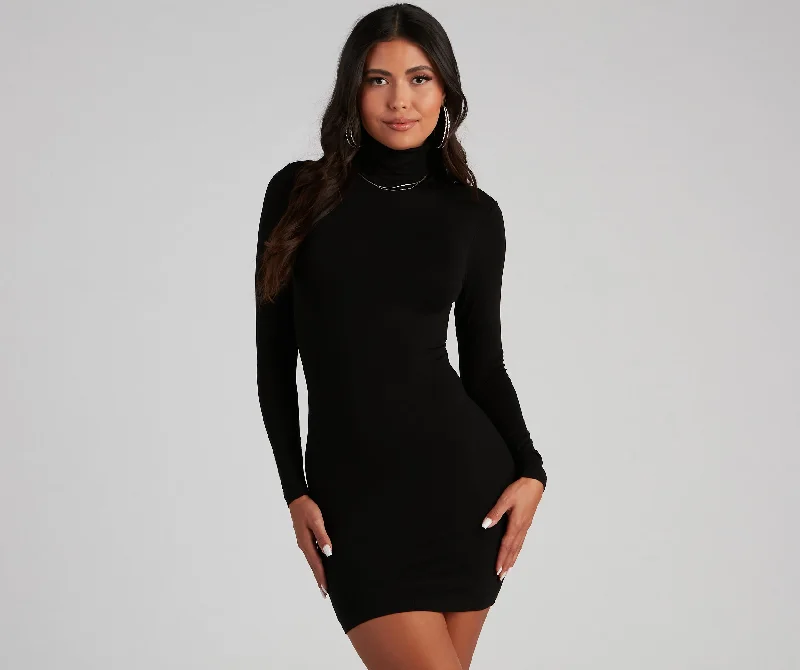 Back To Basics Turtleneck Mini Dress Comfortable Smocked Mini Dress