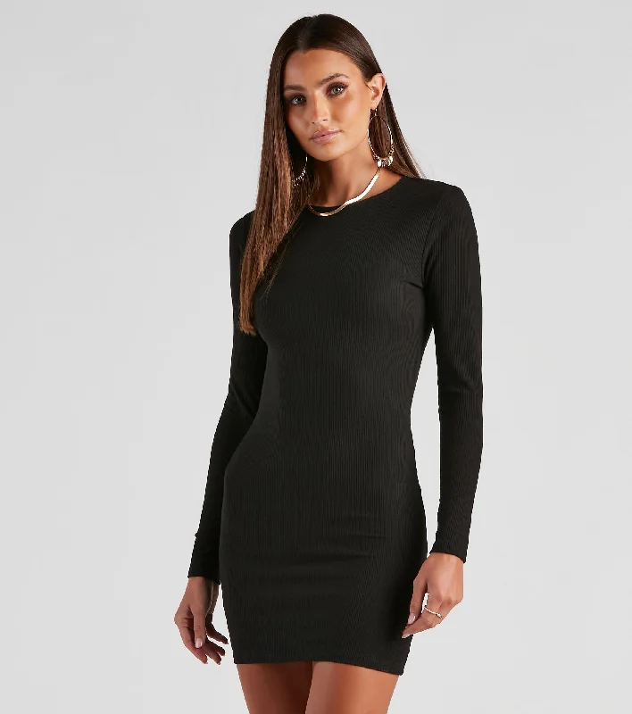 Basic Must-Have Ribbed Knit Mini Dress Cozy Ruched Mini Dress