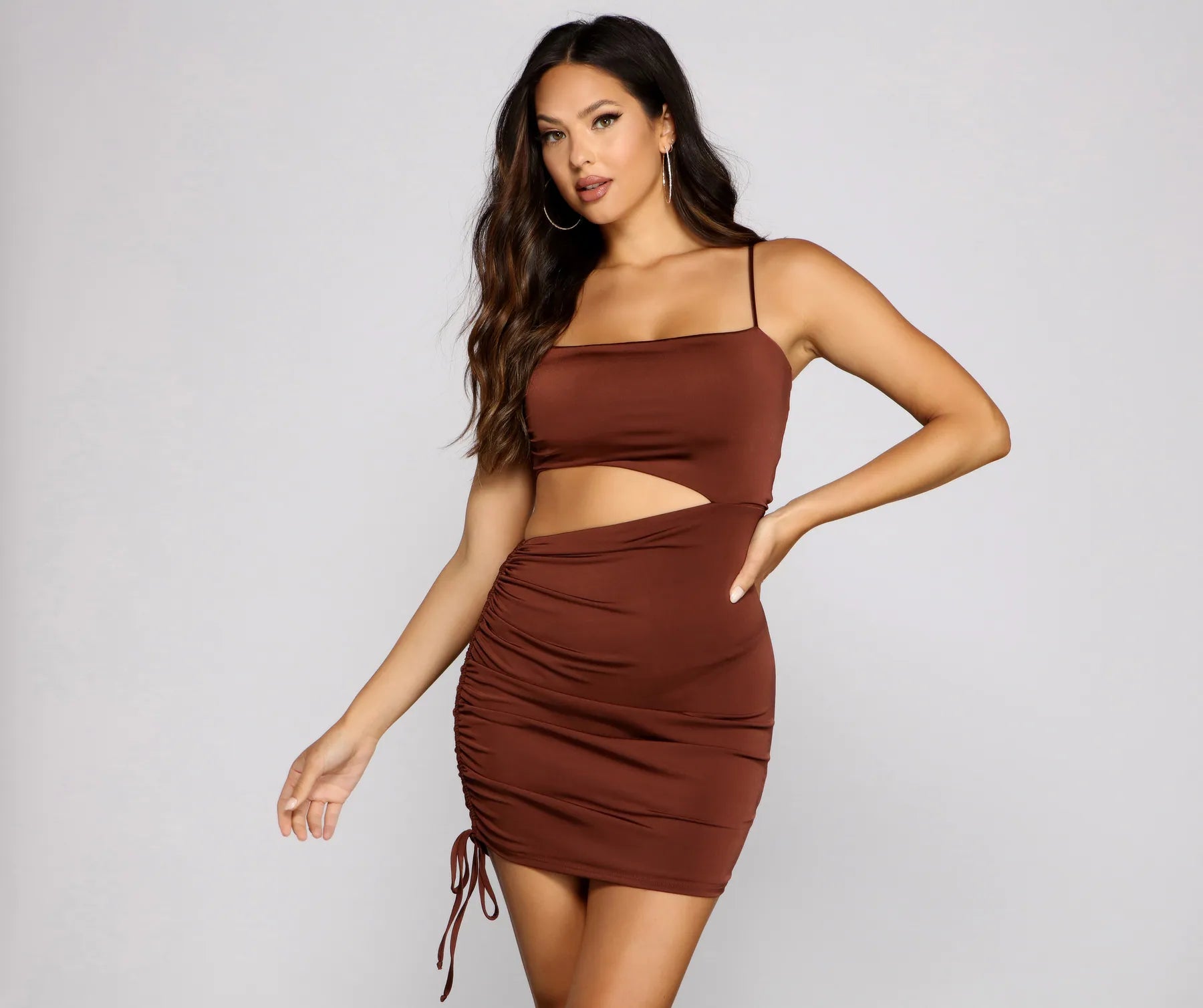 Hard To Get Ruched Cutout Mini Dress Cozy Cowl Neck Mini Dress