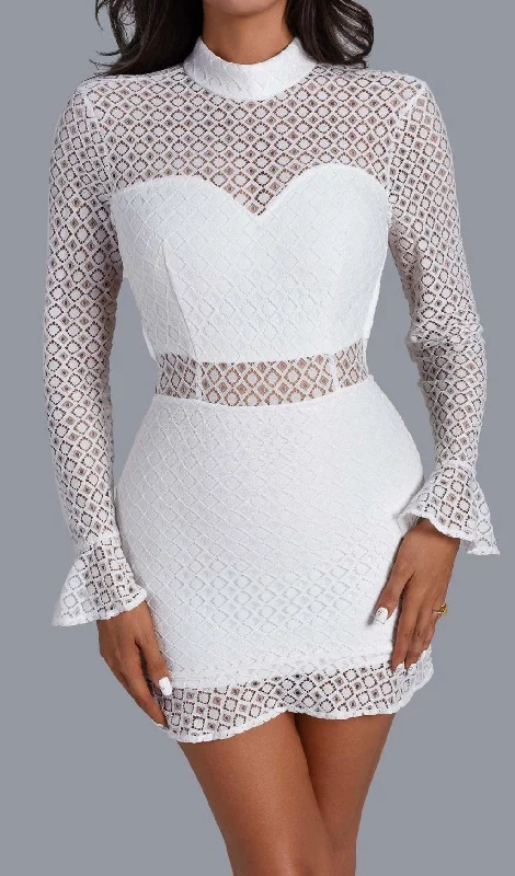 WHITE LONG SLEEVE LACE MINI DRESS Chic Mini Dress with V-Neck