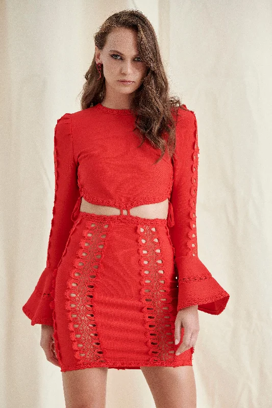 RED MESH BANDAGE MINI DRESS Elegant Lace-Up Mini Dress