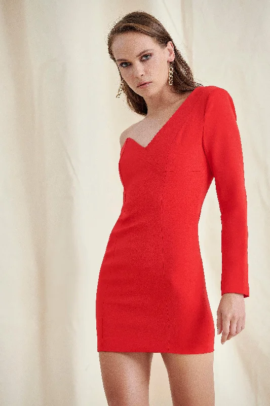 RED ONE SHOULDER MINI DRESS Stylish Ribbed Mini Dress