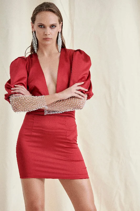 RED SATIN PLUNGE MINI DRESS Classic Floral Print Mini Dress