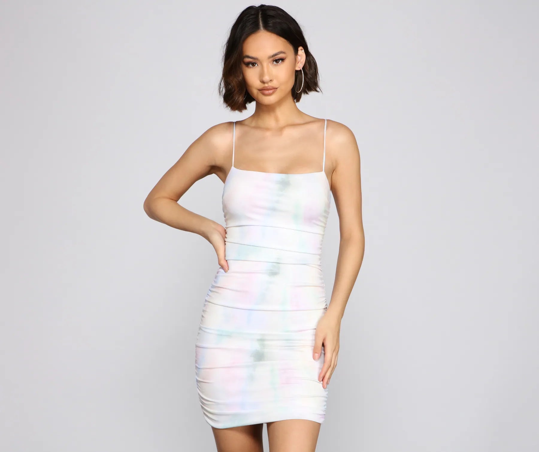 Retro Glam Tie Dye Ruched Mini Dress Comfortable Fit-and-Flare Mini Dress