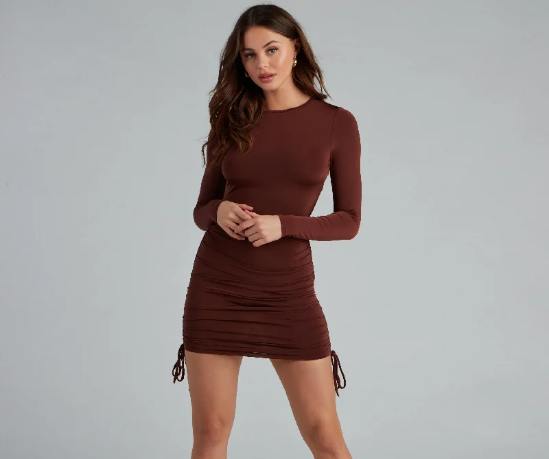 Ruched Babe Long Sleeve Mini Dress Comfortable Fit-and-Flare Mini Dress