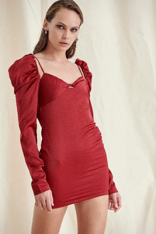 WINE PUFF SLEEVE MINI DRESS Elegant Mini Dress with Pleats