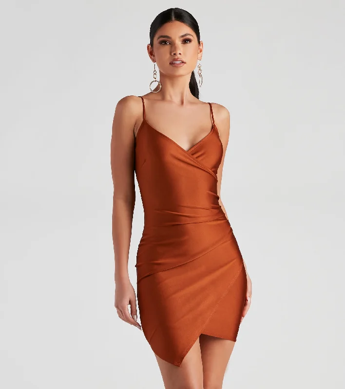 Wrapped In Pleats Satin Mini Dress Trendy Bodycon Mini Dress