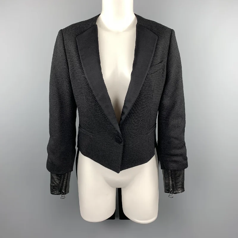 3.1 PHILLIP LIM Size XS Black Woven Tuxedo Lapel Leather Cuff Tails Jacket Collared Jacket Crew Neck Jacket Turtle Neck Jacket 3.1 PHILLIP LIM Size XS Black Woven Tuxedo Lapel Leather Cuff Tails Jacket Collared Jacket Crew Neck Jacket Turtle Neck Jacket